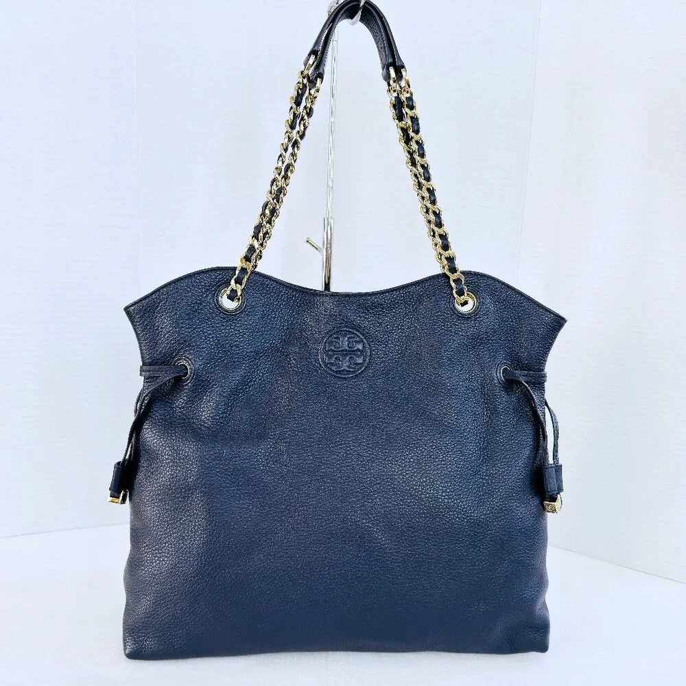 Tory Burch THEA Navy Blue Pebbled Leather‎ Gold Chain Shoulder Tote Bag